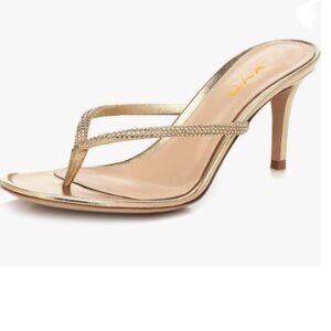 XYD Gold Rhinestones Studded Open Toe Mid Heel Slip On Flip Flops Thong Sandals